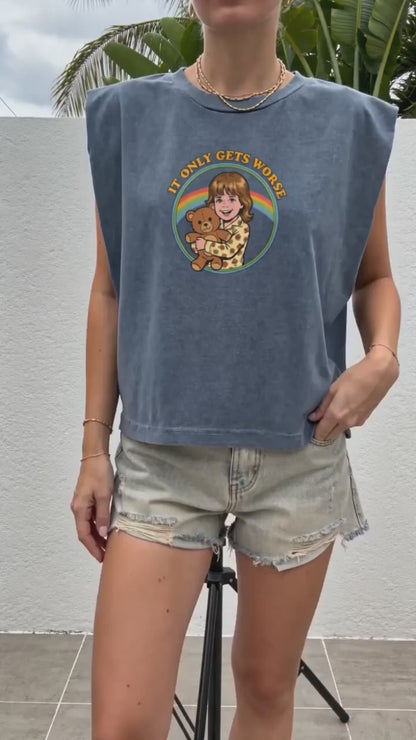 American Apparel It Only Gets Worse Muscle Tank Retro Rainbow Teddy Bear Shirt