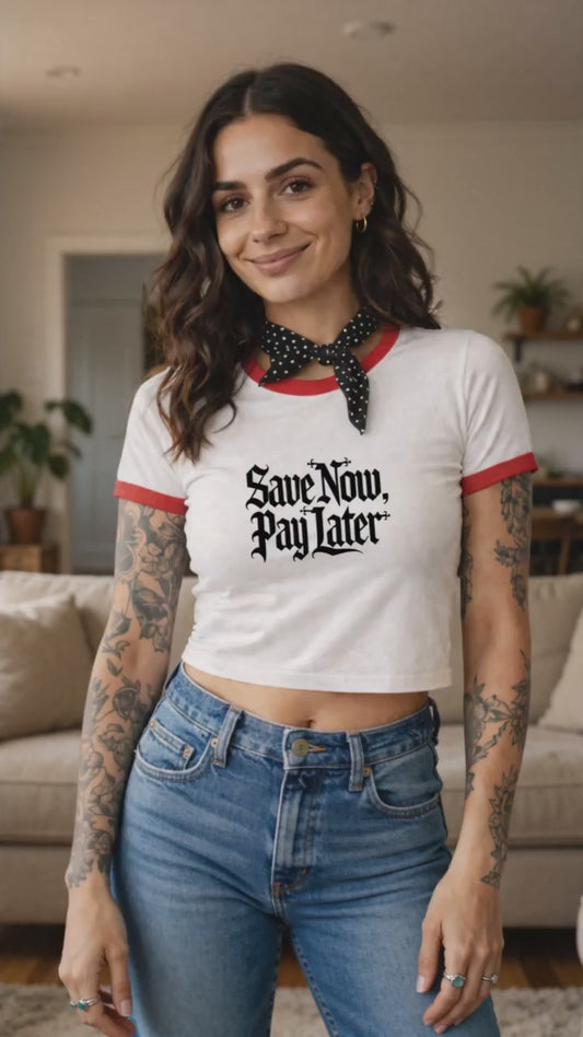 Save Now Pay Later Womens Cropped Ringer Tee