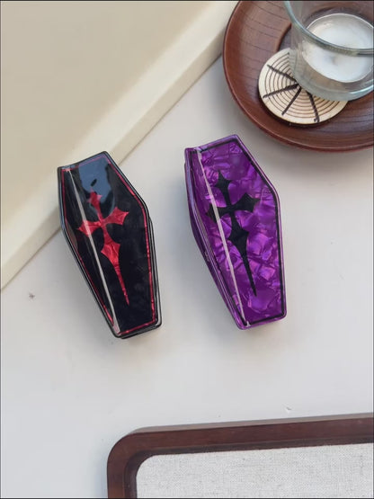 Coffin Hair Claw Clips Raven & Cross Gothic Hair Accessories with Black Velvet Gift Bag