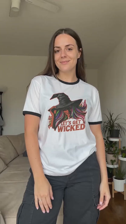 Let’s Get Wicked Unisex Ringer Tee, Retro Halloween Witch Shirt, Vintage Graphic T-Shirt