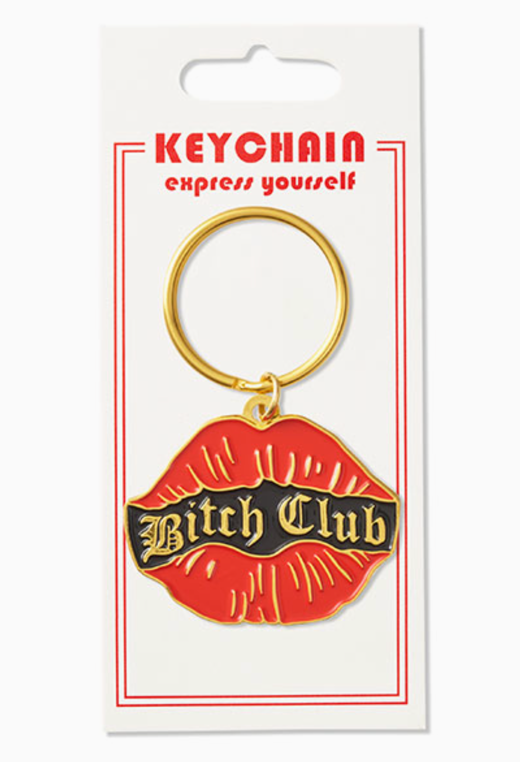 A red lips-shaped keychain with a black center banner reading 'Bitch Club' in gold lettering, attached to a gold metal key ring and displayed on a white retail card.