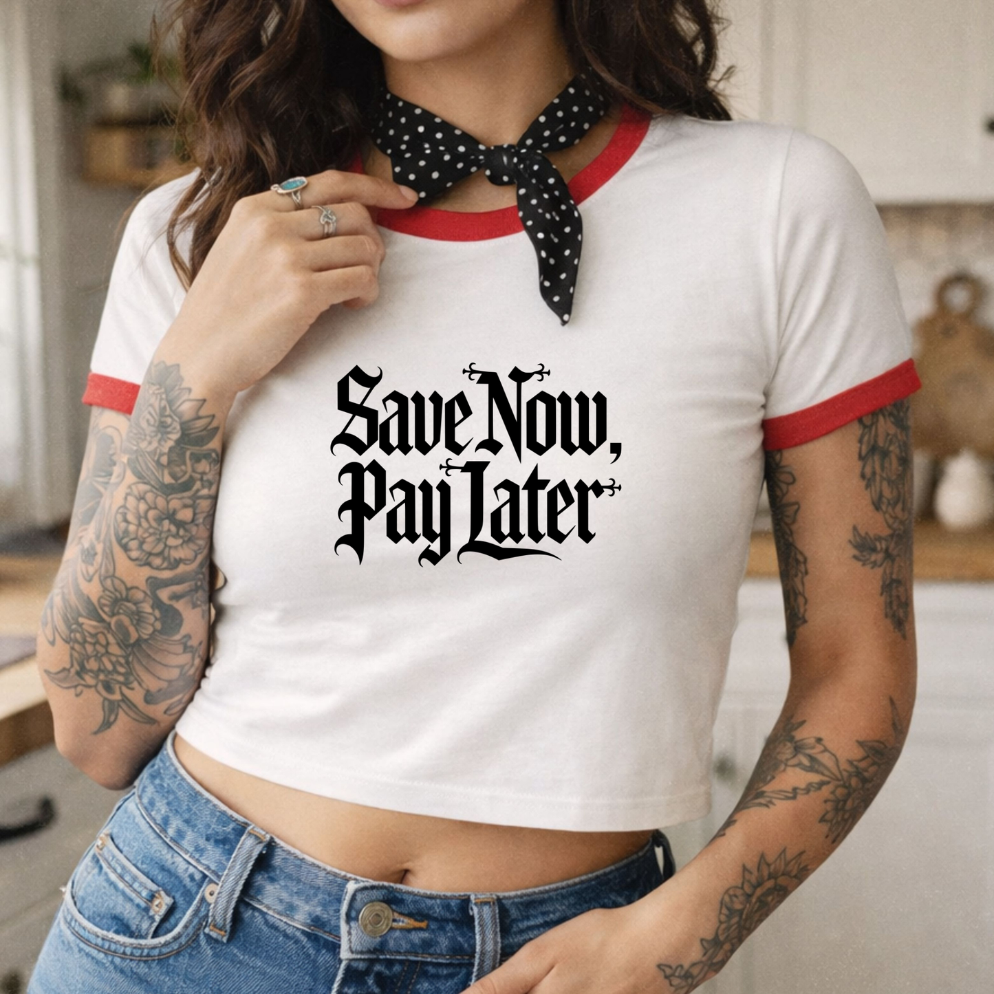 Save Now Pay Later Womens Cropped Ringer Tee