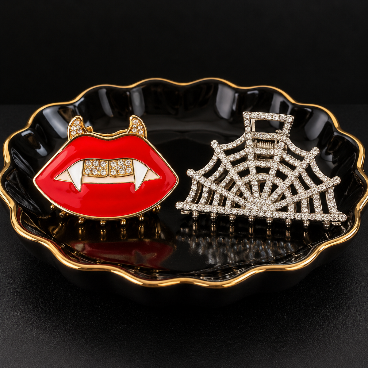 Gothic Hair Claw Clip Set | Vampire Lips & Silver Rhinestone Spiderweb with Gift Packaging & CWS Stickers