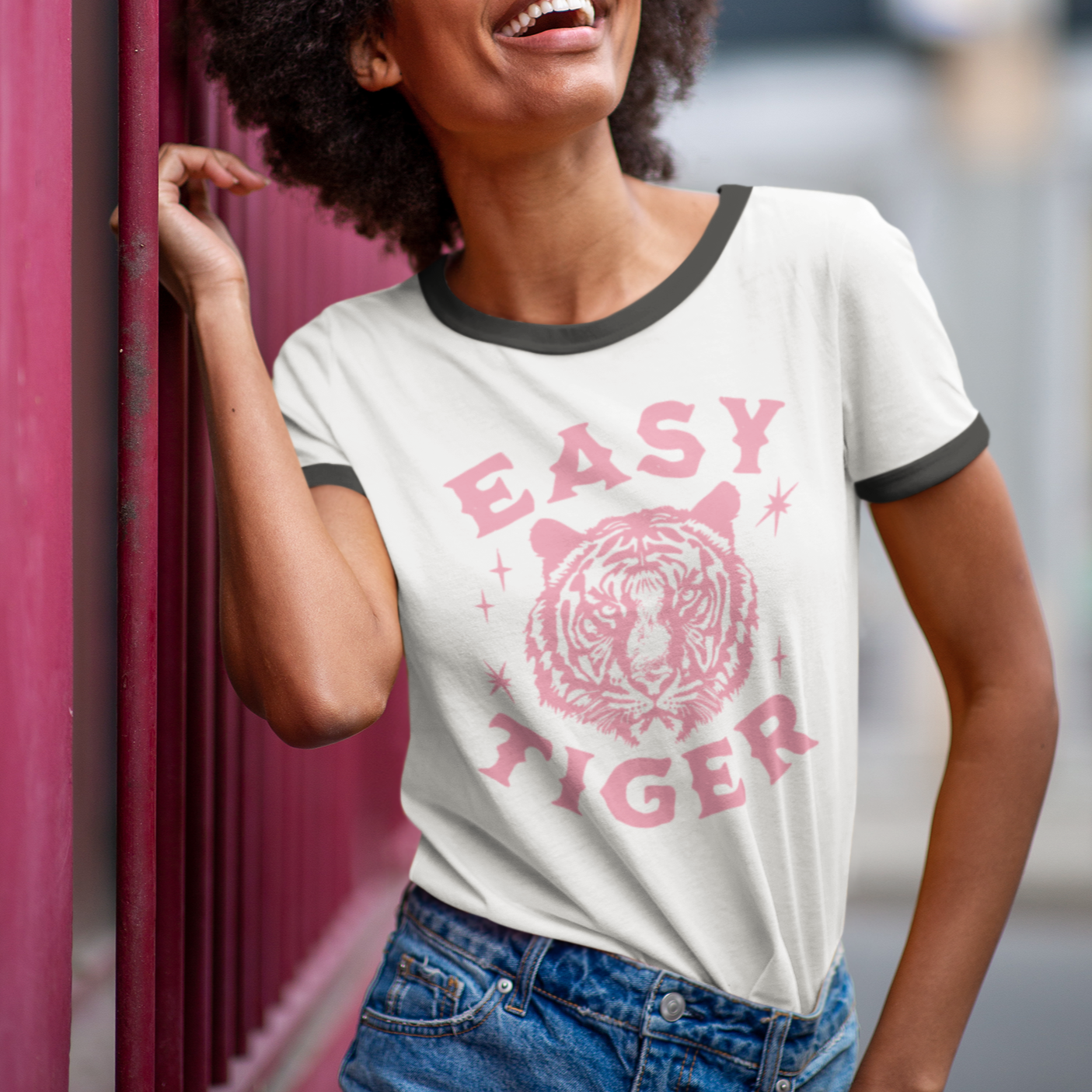 Vintage 'Easy Tiger' Unisex Ringer Shirt - Bubble Gum Pink Design | Next Level Apparel