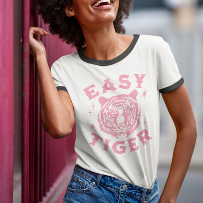 Vintage 'Easy Tiger' Unisex Ringer Shirt - Bubble Gum Pink Design | Next Level Apparel