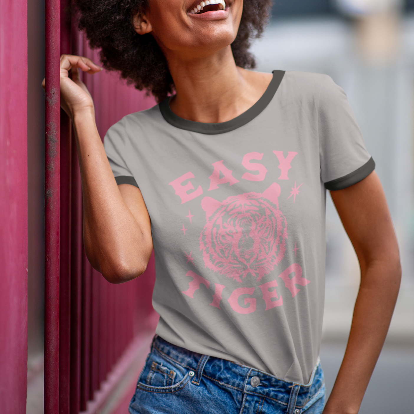 Vintage 'Easy Tiger' Unisex Ringer Shirt - Bubble Gum Pink Design | Next Level Apparel