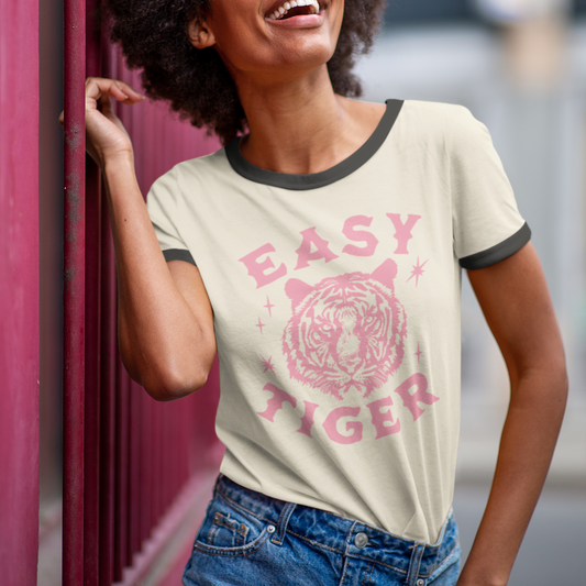 Vintage 'Easy Tiger' Unisex Ringer Shirt - Bubble Gum Pink Design | Next Level Apparel