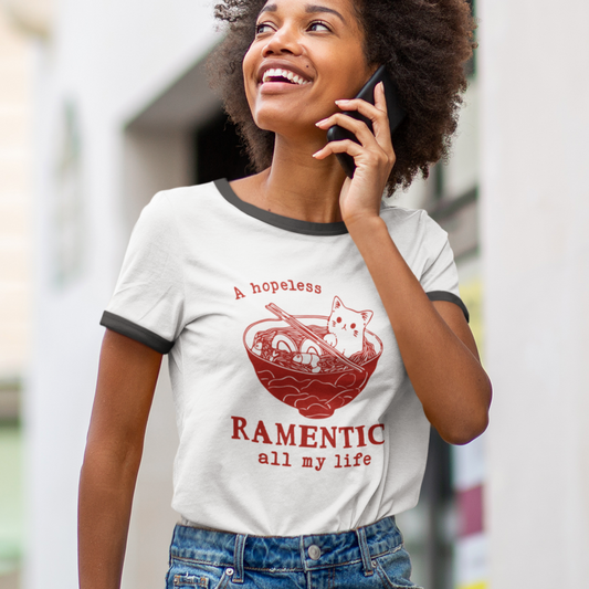 A hopeless Ramentic Cat T-Shirt - Unisex Cotton Ringer Tee