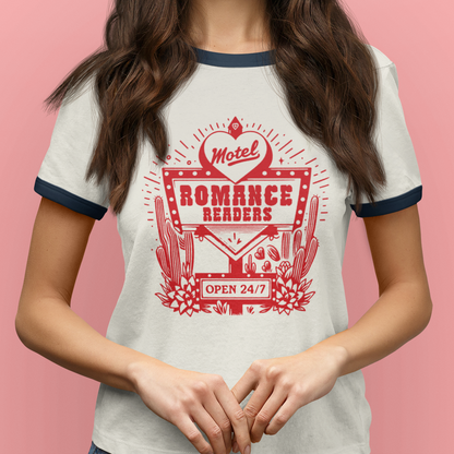 Romance Readers Motel T-Shirt | Unisex Next Level Ringer Tee for Book Lovers