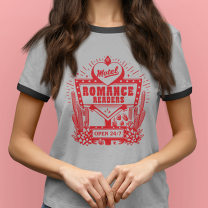 Romance Readers Motel T-Shirt | Unisex Next Level Ringer Tee for Book Lovers