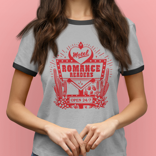 Romance Readers Motel T-Shirt | Unisex Next Level Ringer Tee for Book Lovers