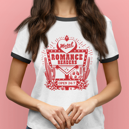 Romance Readers Motel T-Shirt | Unisex Next Level Ringer Tee for Book Lovers