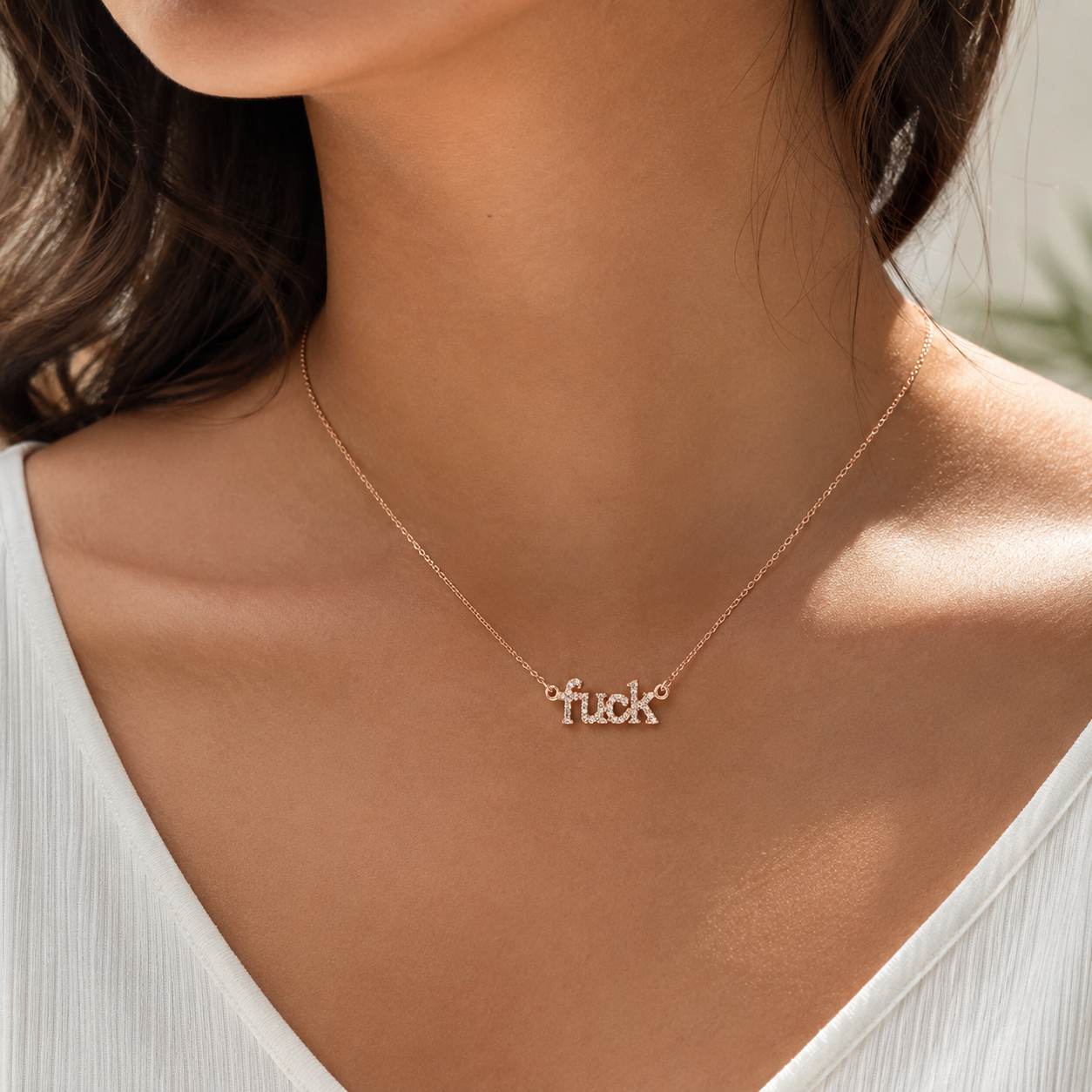 Fuck Crystal Word Necklace Rose Gold Pendant Necklace with Black Velvet Gift Bag
