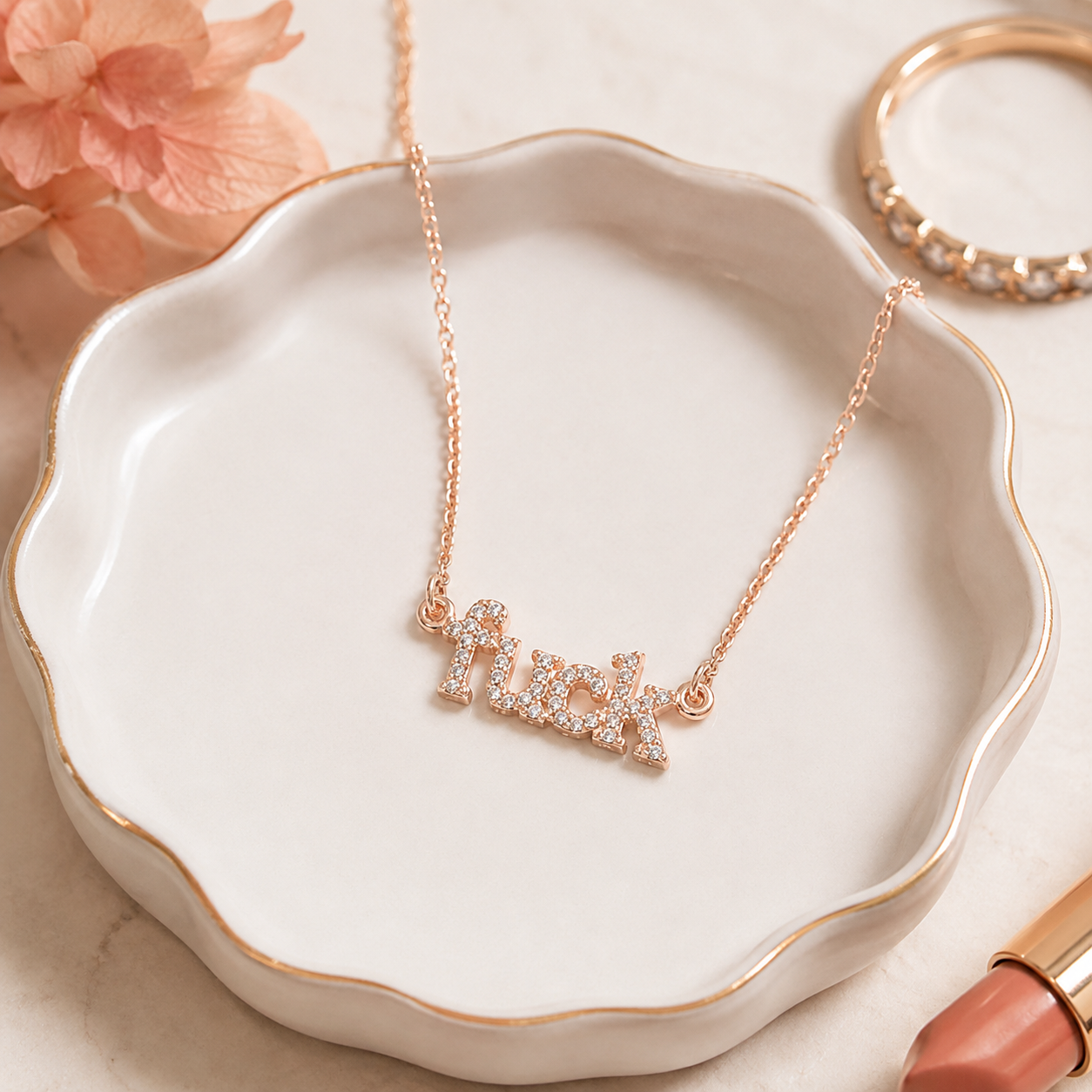 Fuck Crystal Word Necklace Rose Gold Pendant Necklace with Black Velvet Gift Bag