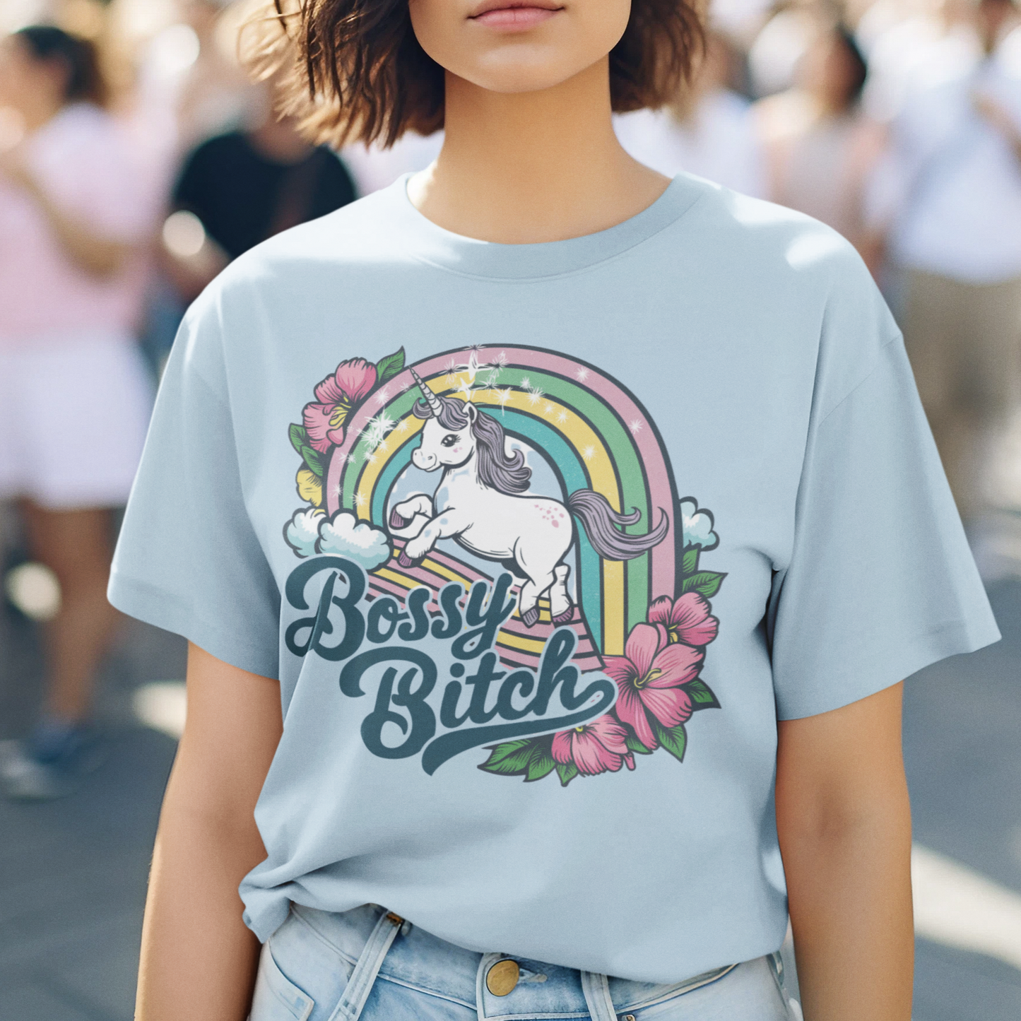 Vintage Bossy Bitch Coquette Unisex Oversized T-Shirt Pastel Rainbow & Unicorn Design
