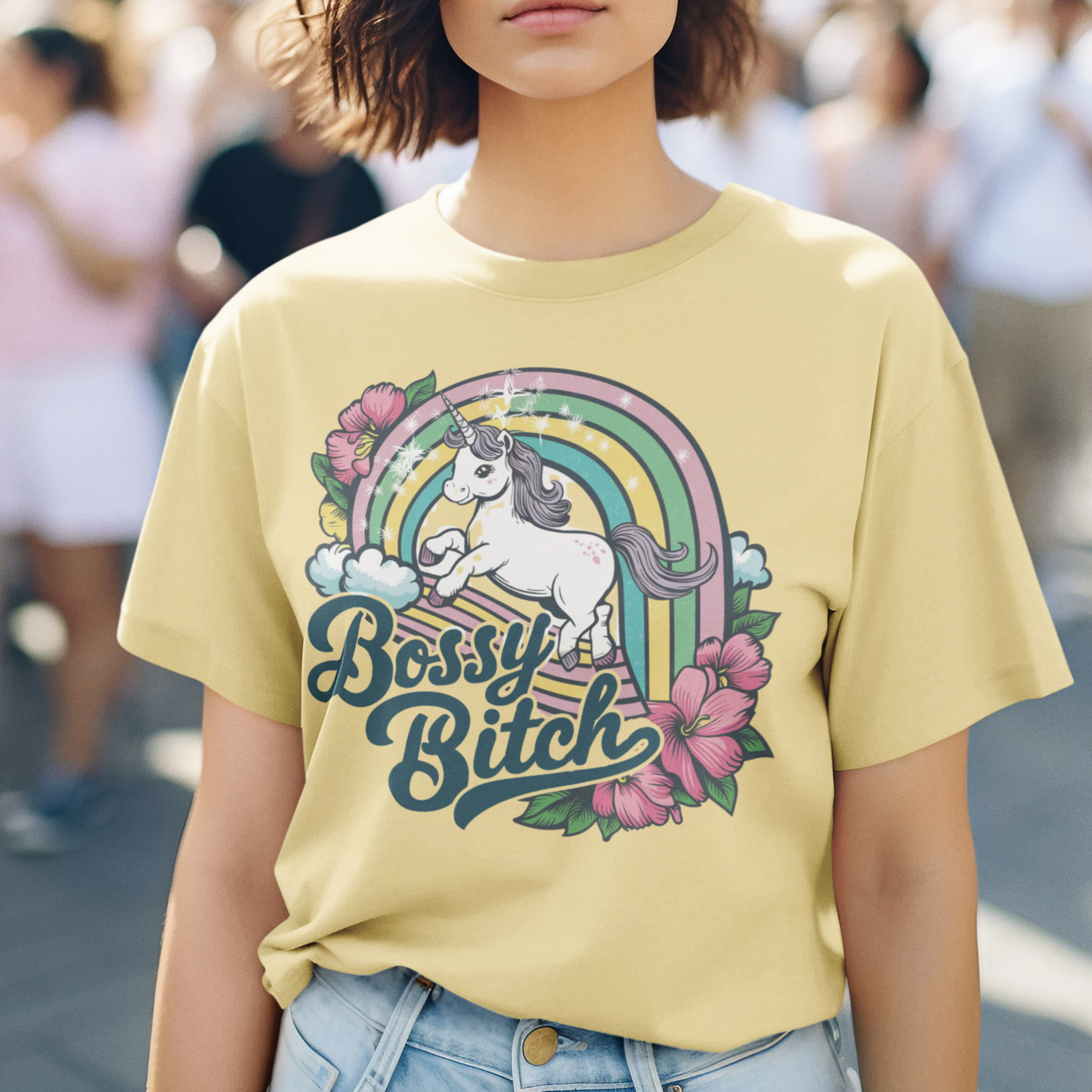 Vintage Bossy Bitch Coquette Unisex Oversized T-Shirt Pastel Rainbow & Unicorn Design