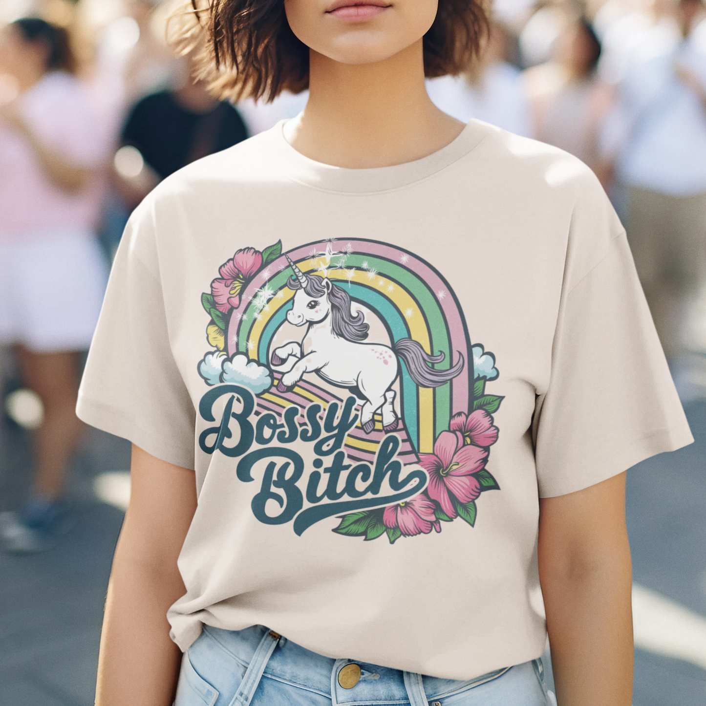 Vintage Bossy Bitch Coquette Unisex Oversized T-Shirt Pastel Rainbow & Unicorn Design