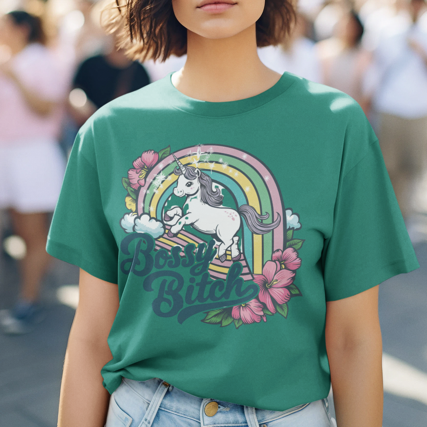 Vintage Bossy Bitch Coquette Unisex Oversized T-Shirt Pastel Rainbow & Unicorn Design