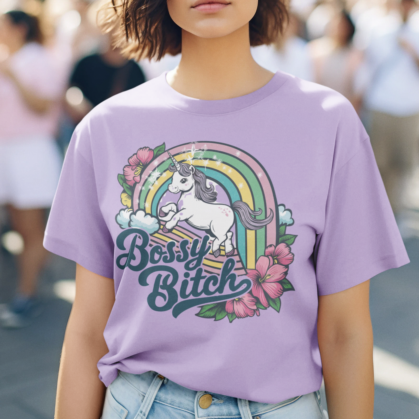 Vintage Bossy Bitch Coquette Unisex Oversized T-Shirt Pastel Rainbow & Unicorn Design