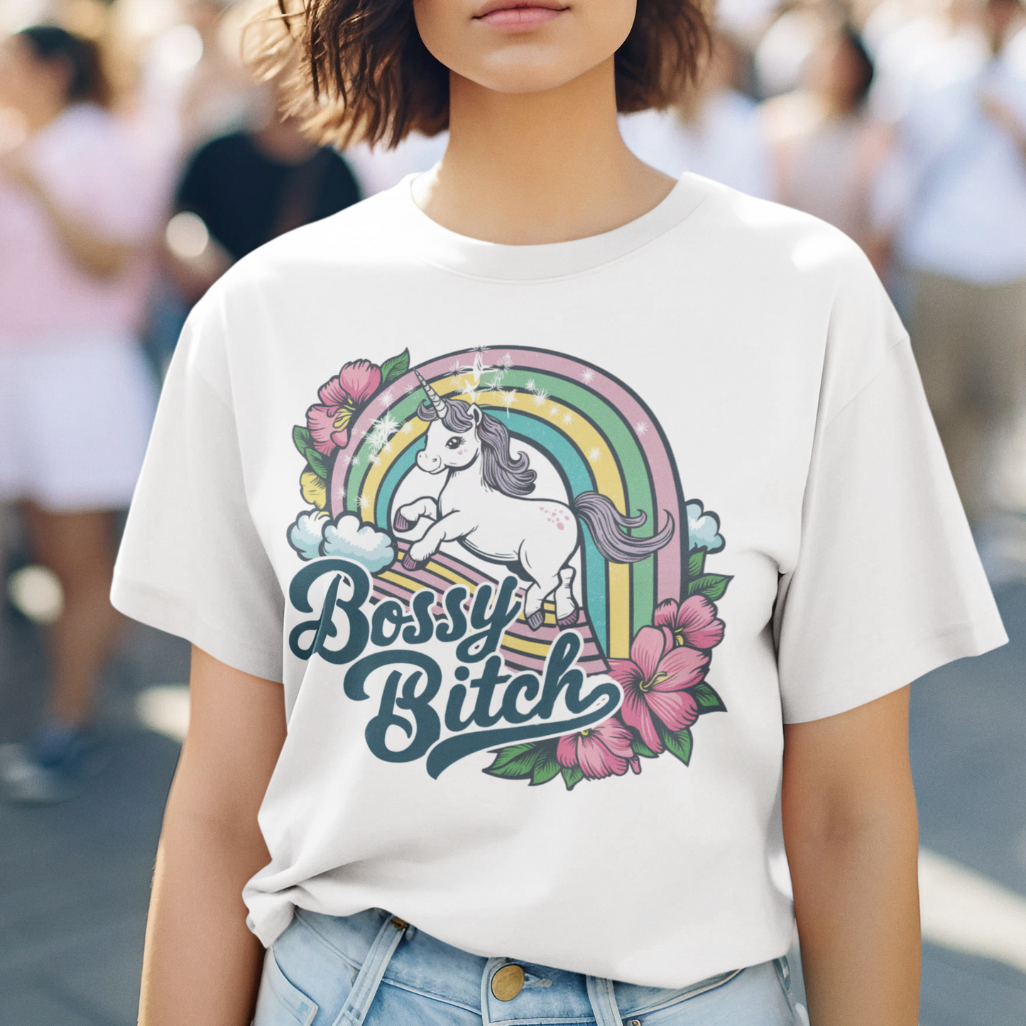 Vintage Bossy Bitch Coquette Unisex Oversized T-Shirt Pastel Rainbow & Unicorn Design