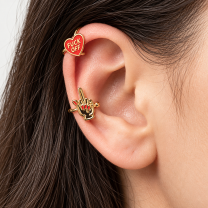 Gold no-piercing ear cuffs worn on ear