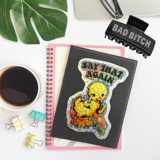Funny Duck with Knife Holographic Sticker – Sparkly Vinyl Decal