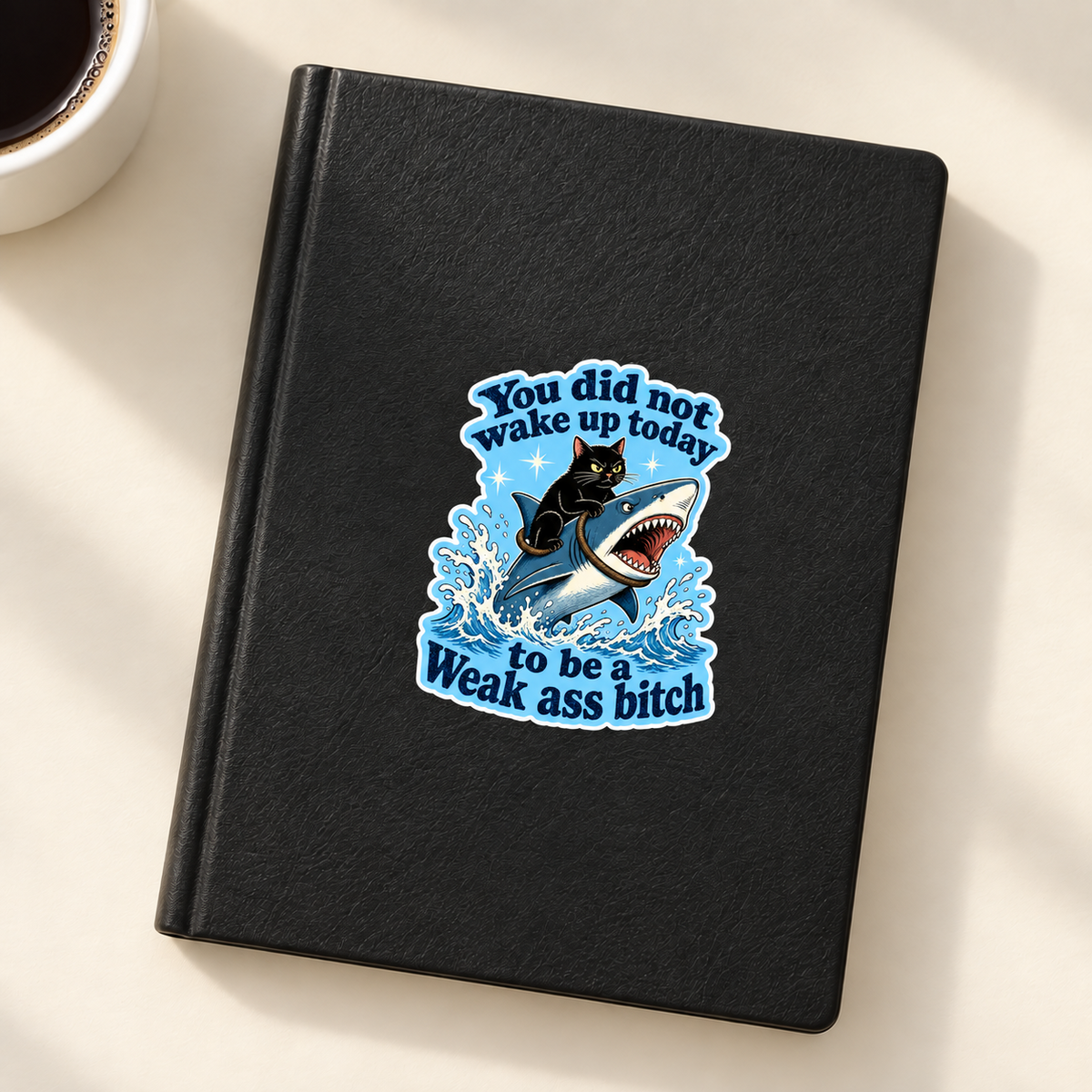 Shark and black cat motivational sticker on black notebook