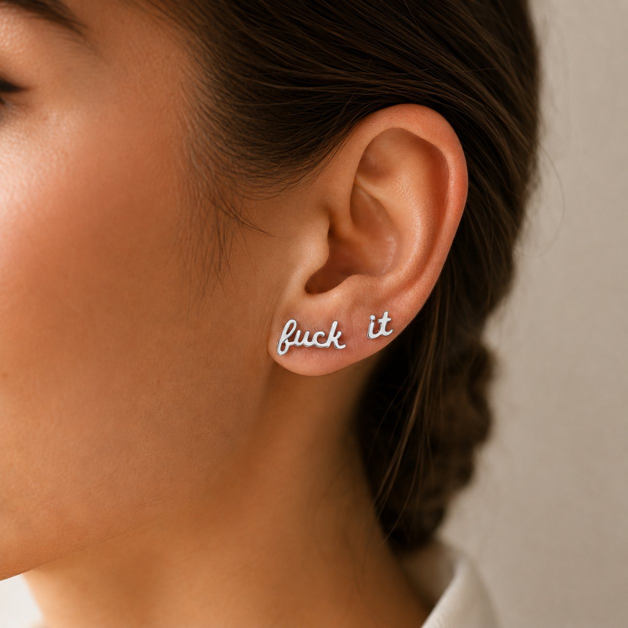 Fuck It Script Stud Earrings Gold & Silver with Black Velvet Gift Bag