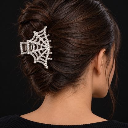Gothic Hair Claw Clip Set | Vampire Lips & Silver Rhinestone Spiderweb with Gift Packaging & CWS Stickers