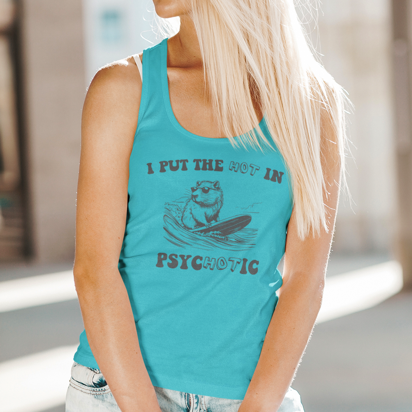 I Put The Hot In Psychotic with Surfing Capybara Women's Ideal Racerback Tank in 6 Colors