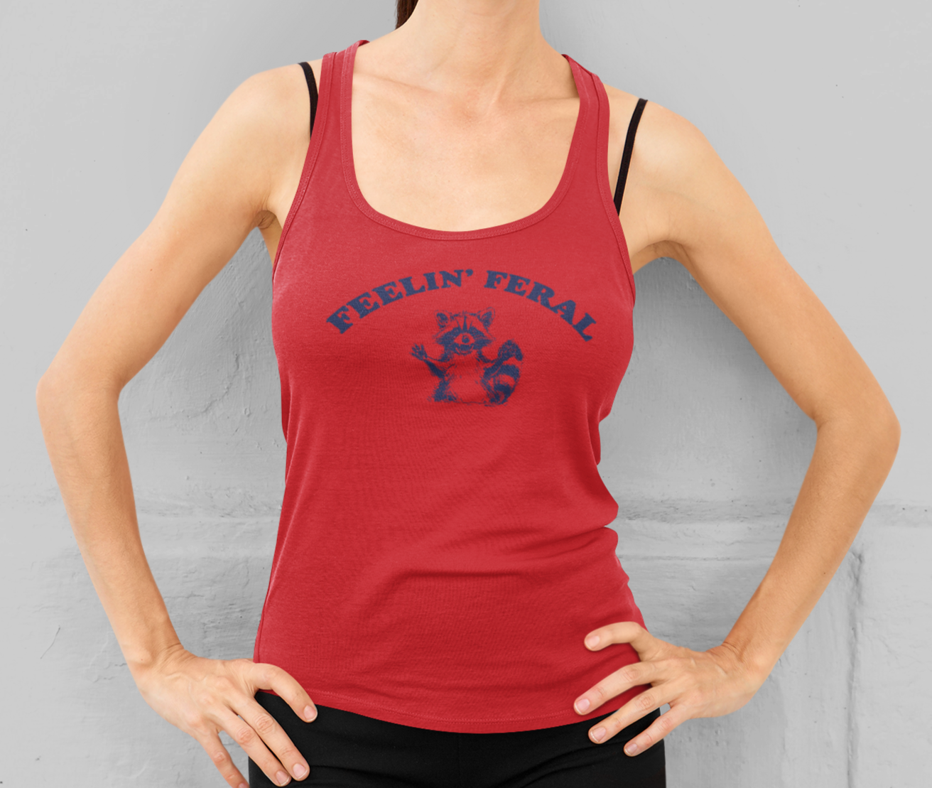 Women's Funny 'Feeling Feral' Racoon Meme Racerback Tank Top - Perfect for Summer Fun in 7 Colors