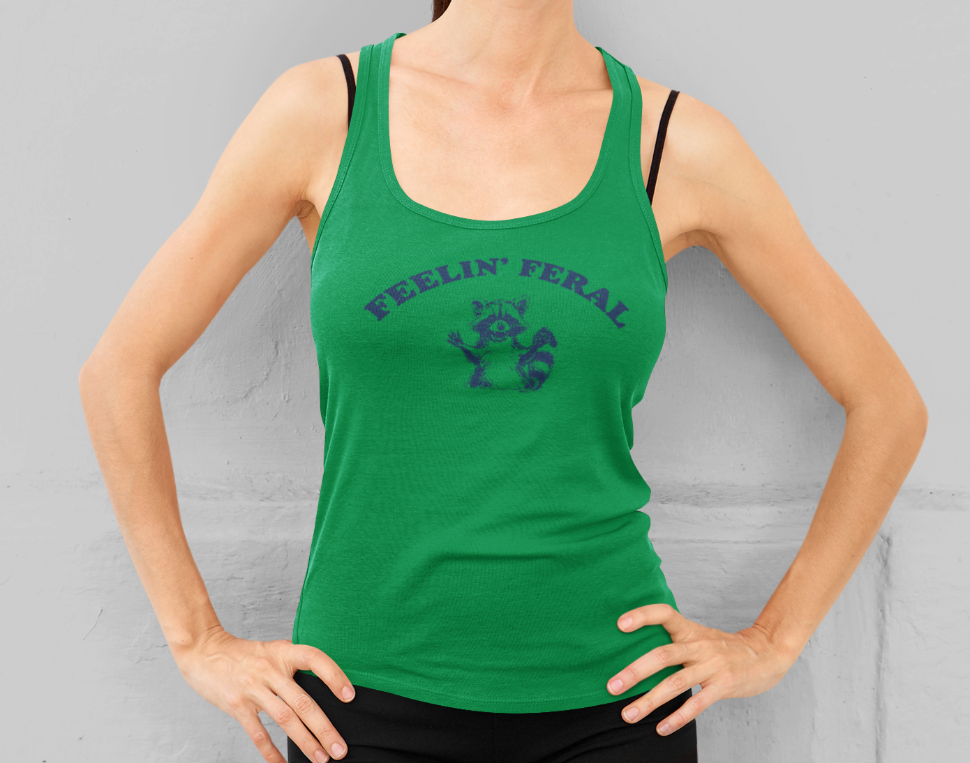 Women's Funny 'Feeling Feral' Racoon Meme Racerback Tank Top - Perfect for Summer Fun in 7 Colors
