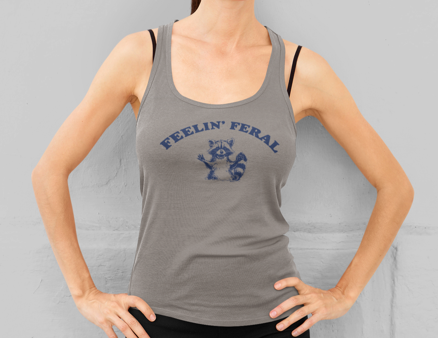 Women's Funny 'Feeling Feral' Racoon Meme Racerback Tank Top - Perfect for Summer Fun in 7 Colors