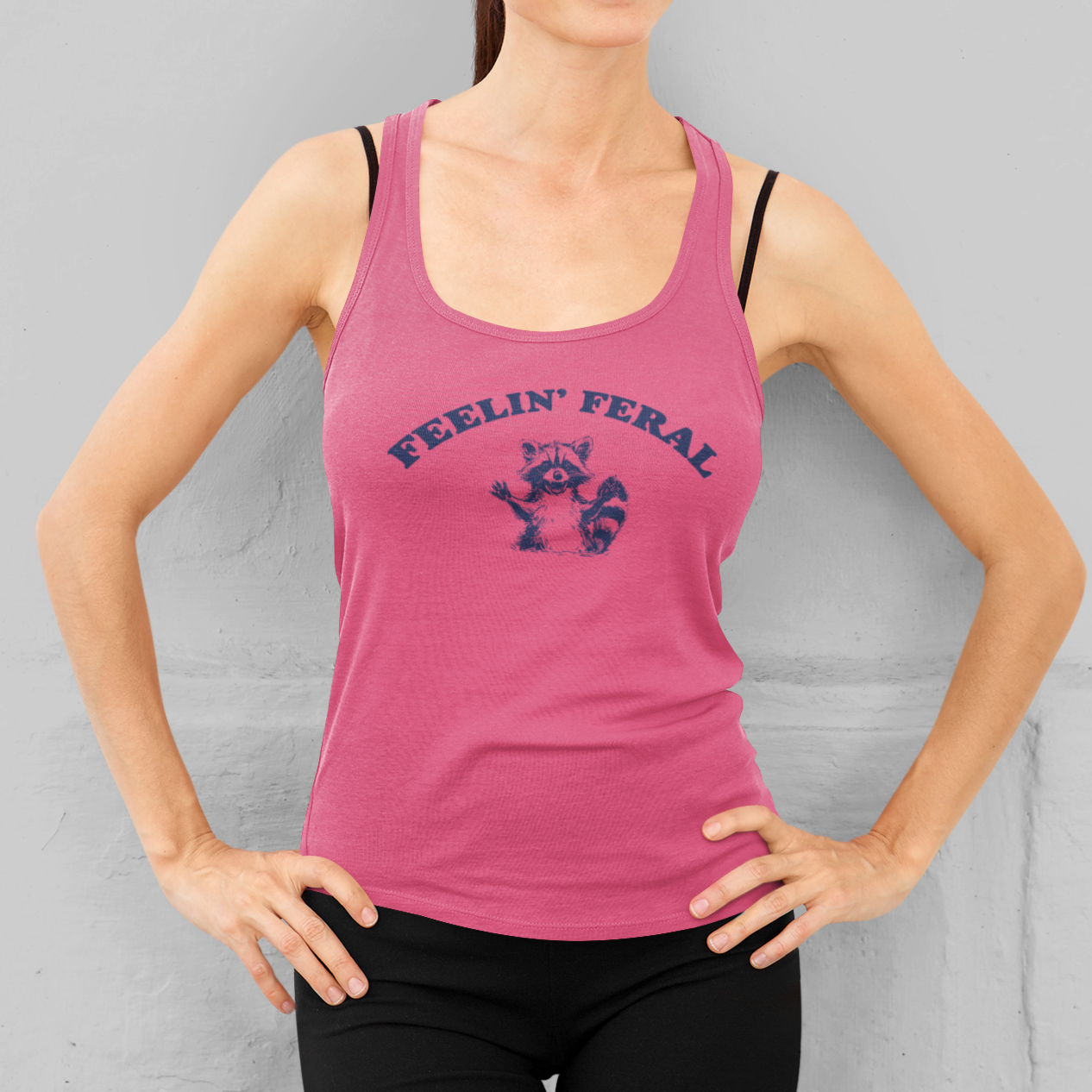 Women's Funny 'Feeling Feral' Racoon Meme Racerback Tank Top - Perfect for Summer Fun in 7 Colors