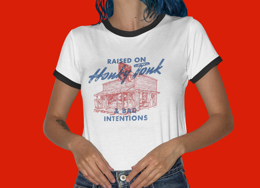Raised on Honky Tonk & Bad Intentions Ringer T-Shirt - Retro Country Style Tee, Vintage Graphic Tee, Unisex Graphic Tee, Music Lover Gift