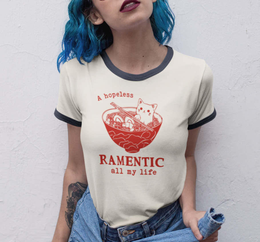 A hopeless Ramentic Cat T-Shirt - Unisex Cotton Ringer Tee