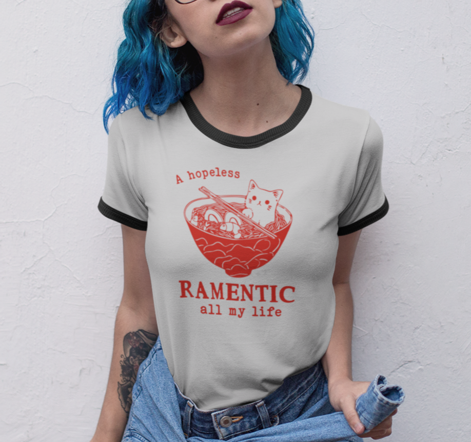 A hopeless Ramentic Cat T-Shirt - Unisex Cotton Ringer Tee