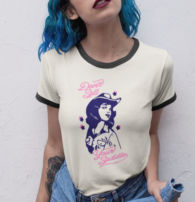 Vintage 'Don't Sell Your Saddle' Ringer T-Shirt | Cowboy Western Tee, Unisex Shirt, Retro Graphic Top, Country Music Fan Gift, Gift for