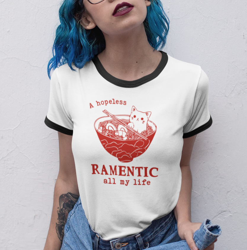 A hopeless Ramentic Cat T-Shirt - Unisex Cotton Ringer Tee
