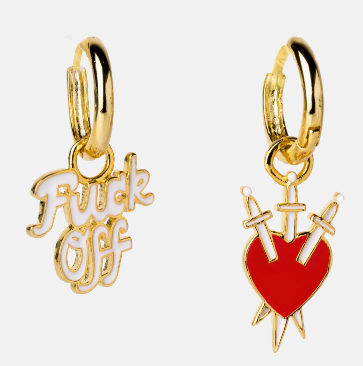 Gold mismatched hoop earrings with script and heart dagger charms