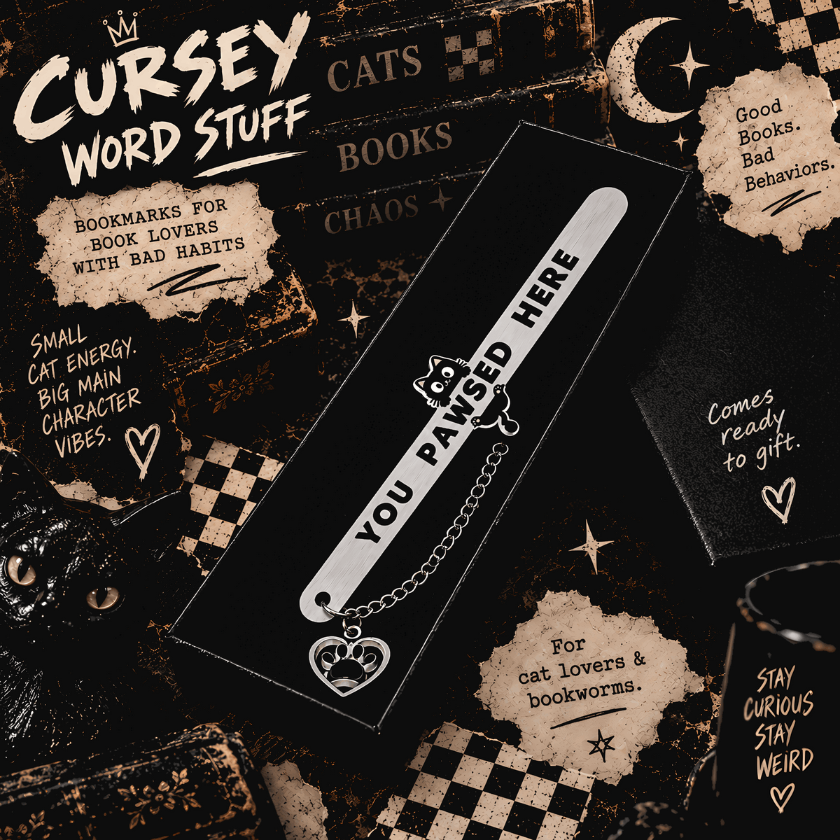 You Pawsed Here Cat Bookmark | Stainless Steel Bookmark with Paw Charm with Gift Box